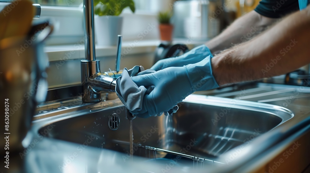 A plumber with gloved hands installs a household waste shredder for the kitchen sink A technician installs or repairs a household waste shredder in the kitchen : Generative AI A plumber with gloved hands installs a household waste shredder for the kitchen sink A technician installs or repairs a household waste shredder in the kitchen : Generative AI