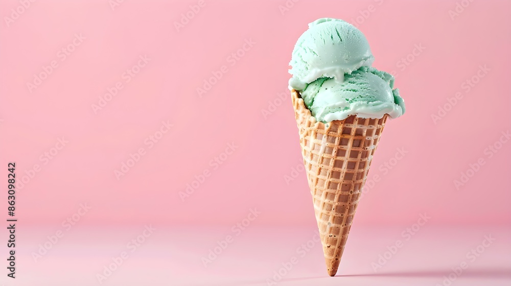 Light Green Ice Cream Cone on a pink Background with Copy Space Light Green Ice Cream Cone on a pink Background with Copy Space