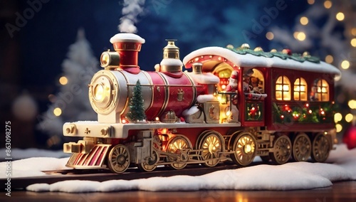 Christmas toy train with decoration, smow and lighting photo