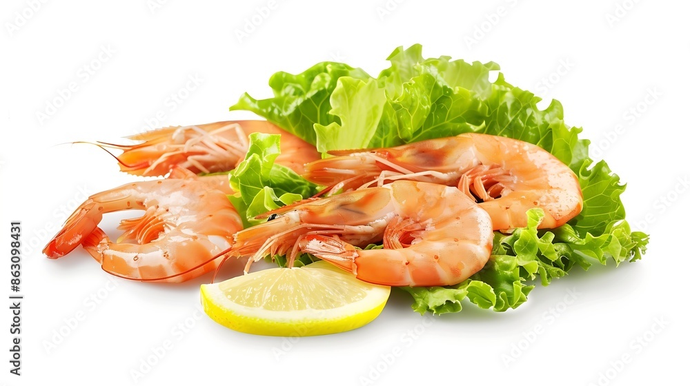 Shrimps with lettuce and lemon isolated on white background : Generative AI Shrimps with lettuce and lemon isolated on white background : Generative AI