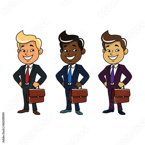 Smiling business boss person in a business suit with a briefcase, shiny shoes and modern haircut. Salesman. Employer. Worker. Corporate marketing illustration.