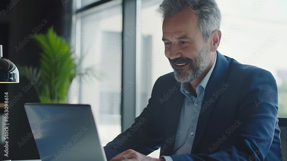 Smiling mature professional business man manager looking at report in office Happy mid aged businessman company executive working in office with laptop reading financial corporate acco : Generative AI Smiling mature professional business man manager looking at report in office Happy mid aged businessman company executive working in office with laptop reading financial corporate acco : Generative AI