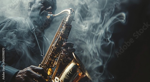 Senior Musician Playing Saxophone Surrounded by Smoke in a Studio