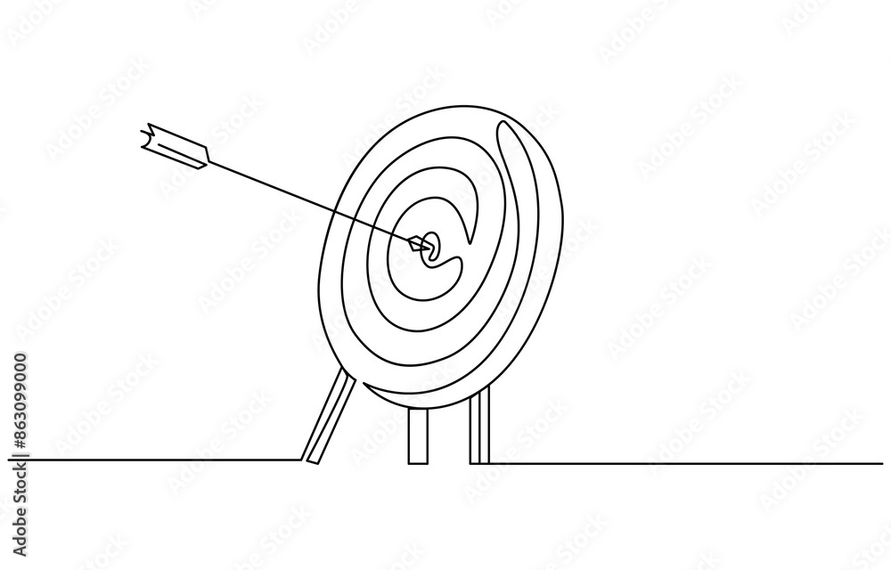 Target with arrow continuous line drawing. Hand drawn linear goal circle. Vector illustration isolated on white. Continuous line drawing of Target with arrows. Single line illustration of goal circle