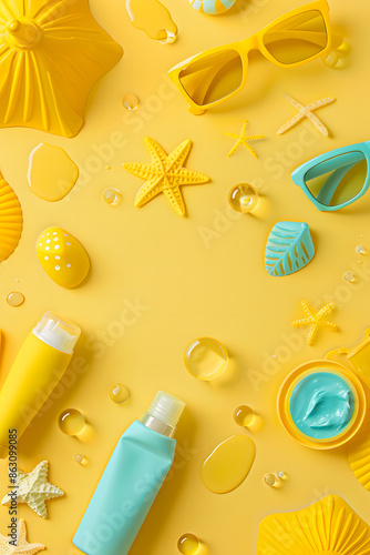 light yellow background with beach toys, sunglasses and a tube of sun cream