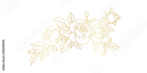 Golden rose flowers line art isolated on white background. Luxury roses floral design elements for invitation, wedding, wallpaper, print template, vector illustration