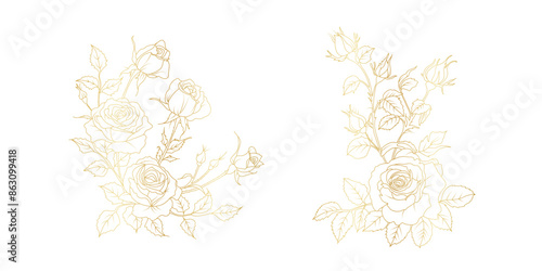 Golden rose flowers line art isolated on white background. Luxury roses floral design elements for invitation, wedding, wallpaper, print template, vector illustration