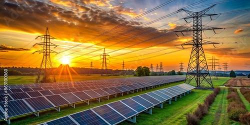 Solar energy park and conventional electricity pylon at sunset,Hampshire,England,UK.