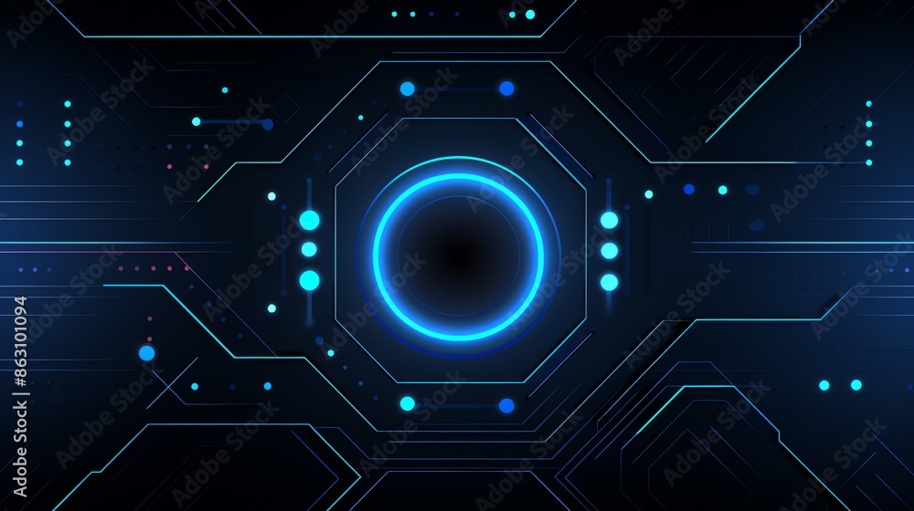 Futuristic Technology Background. Blue Glowing Circle on Circuit Board Design