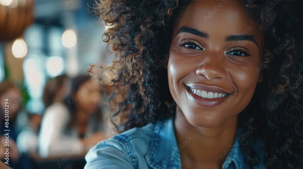 A woman with curly hair is smiling at the camera. Generate AI image A woman with curly hair is smiling at the camera. Generate AI image