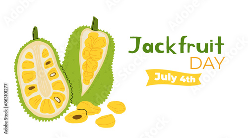 Set of ripe jackfruit whole and half. Exotic peeled jack fruit, slice and pods. Branch with Leaves and fruits. Flat cartoon vector set. Jackfruit day.