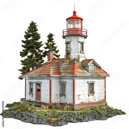 cape mudge lighthouse with red glow of forest wildfires, quadra island, british columbia, canada isolated on white background, png photo