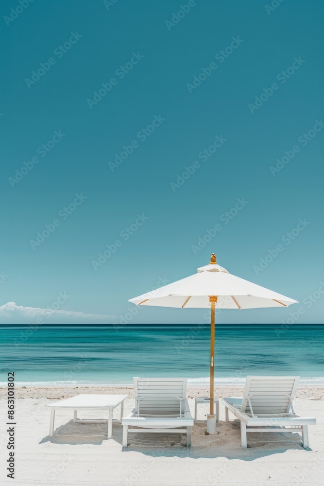 Fototapeta premium Summer concept of umbrellas and wooden deckchairs on a white sandy beach with a view of the blue sea and clear sky.