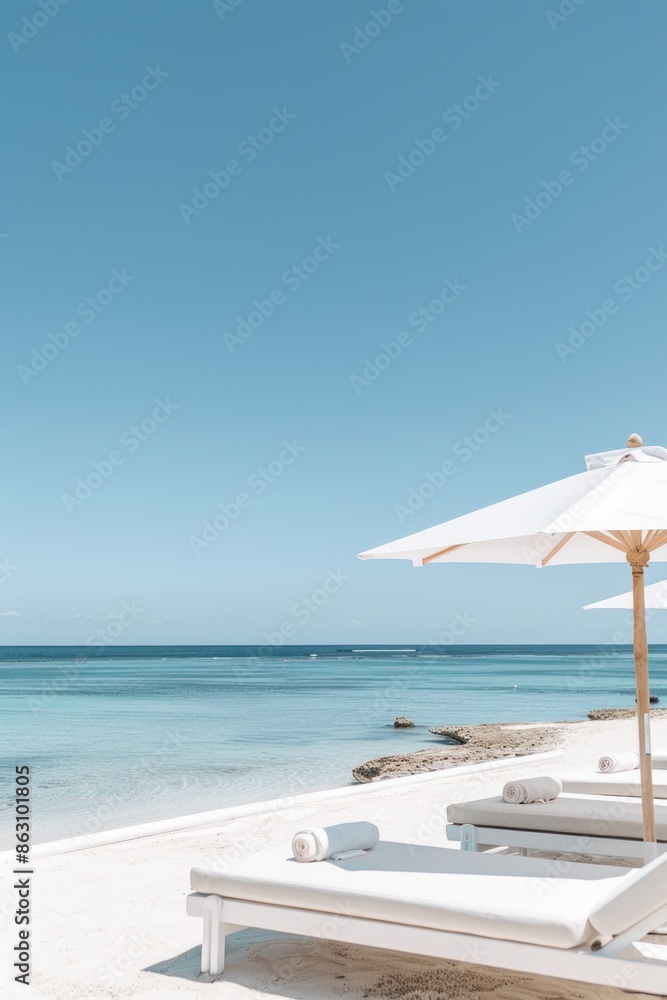 Fototapeta premium Summer concept of umbrellas and wooden deckchairs on a white sandy beach with a view of the blue sea and clear sky.