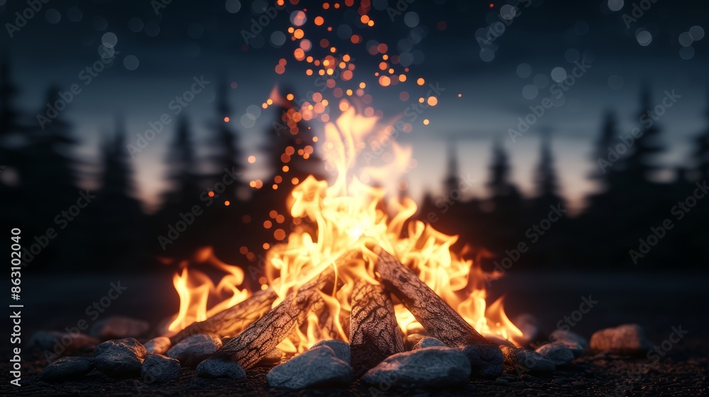 Dynamic campfire illuminating the night, embers glowing, bright flames dancing under a deep, star-filled sky, forest shadows creating a mystical ambiance Dynamic campfire illuminating the night, embers glowing, bright flames dancing under a deep, star-filled sky, forest shadows creating a mystical ambiance
