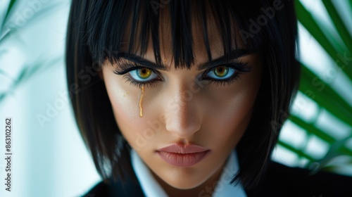 Elegant woman with black hair and striking yellow eyes, dressed in a business suit, looking down, tears falling, pained and frustrated look, office environment photo