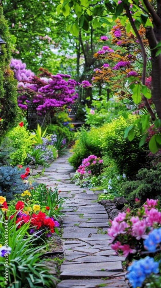 A garden with a stone path and a variety of colorful flowers A garden with a stone path and a variety of colorful flowers