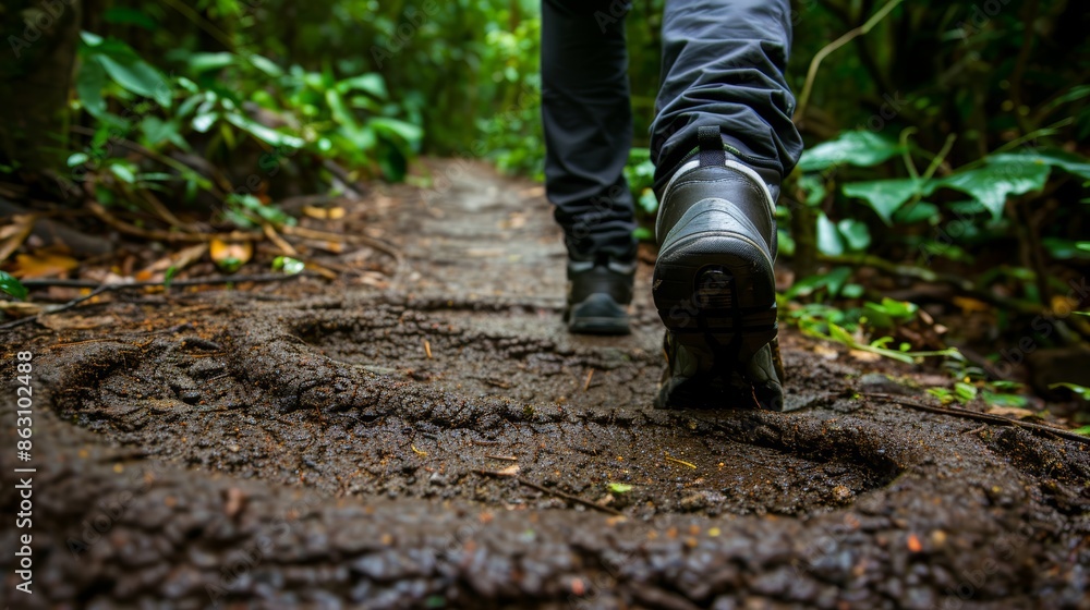 Explorer walking on a winding trail in dense woods, vibrant foliage all around, ideal for themes of outdoor adventure and nature immersion Explorer walking on a winding trail in dense woods, vibrant foliage all around, ideal for themes of outdoor adventure and nature immersion
