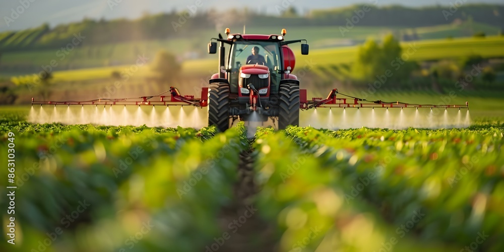 Spraying crops in field with boom sprayer attached to tractor. Concept Agricultural Spraying, Crop Protection, Tractor Technology, Field Management, Agricultural Equipment Spraying crops in field with boom sprayer attached to tractor. Concept Agricultural Spraying, Crop Protection, Tractor Technology, Field Management, Agricultural Equipment