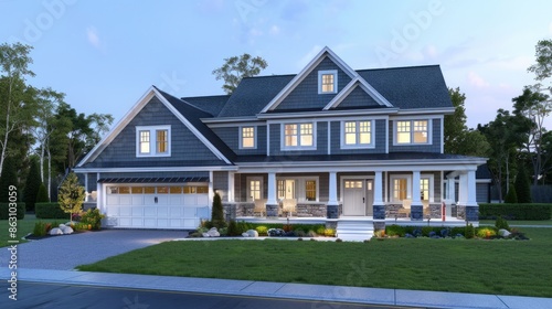 Modern luxury home at dusk with lighting