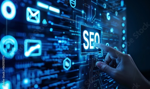 Pressing SEO button on tech themed dashboard