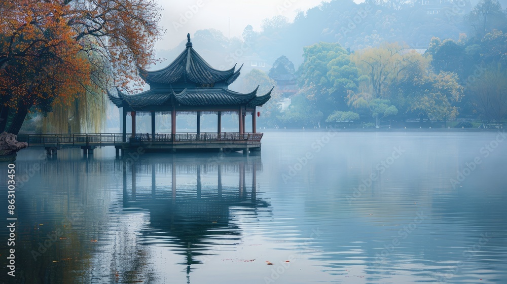 Fototapeta premium Serene pagoda on a misty lake with autumn foliage reflected in the water.