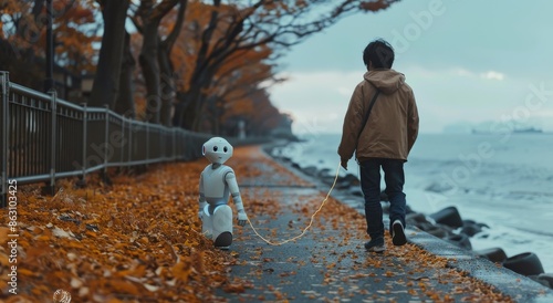 Person Walking Robot Dog Along Coastal Path at Sunset
