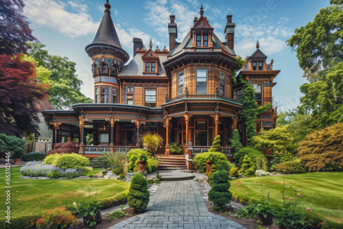 Elegant Victorian mansion with intricate woodwork and turrets