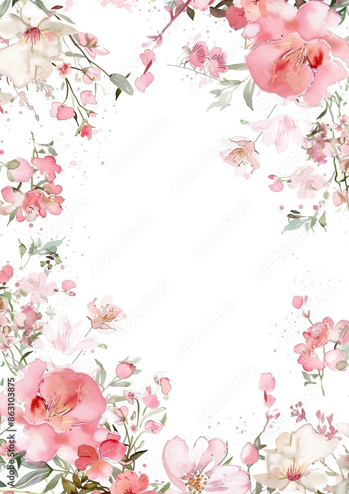 Fototapeta premium loral frame, pastel pink and beige tones, simple watercolor clipart of an empty floral frame border on a white background with margins and defined edges, in a high resolution style.