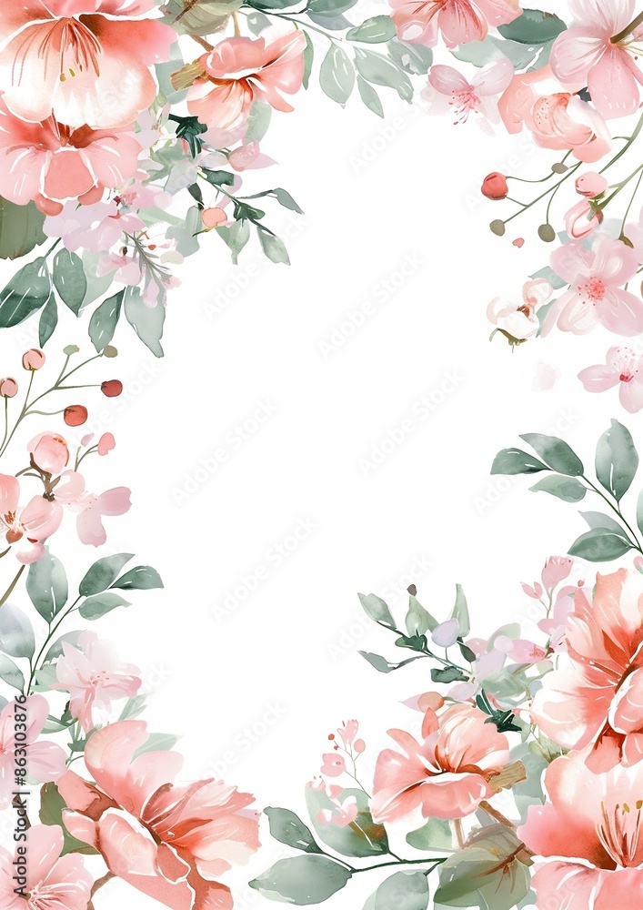 Obraz premium loral frame, pastel pink and beige tones, simple watercolor clipart of an empty floral frame border on a white background with margins and defined edges, in a high resolution style.