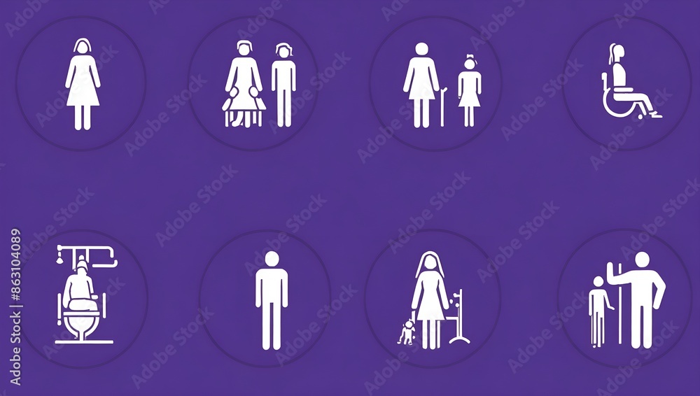 Toilet line icon set. WC sign. Man, woman, shower, mother with baby, handicap symbol. Restroom for male, female, disabled pictograms Toilet line icon set. WC sign. Man, woman, shower, mother with baby, handicap symbol. Restroom for male, female, disabled pictograms