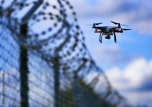 Drone patrolling the sky near a fence photo