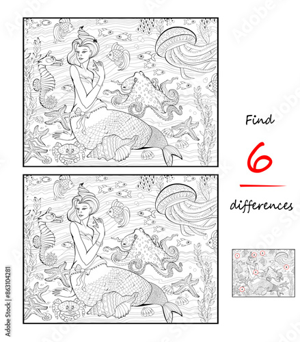 Find 6 differences. Illustration of cute mermaid playing with fishes underwater. Logic puzzle game for children and adults. Educational page for kids brain teaser book. Black and white vector drawing
