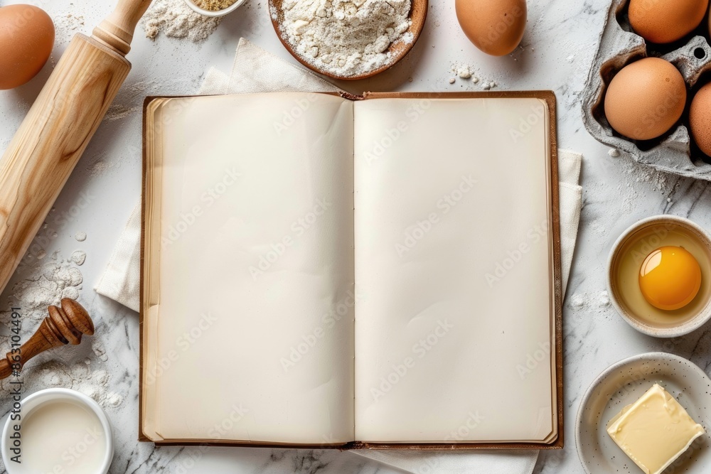 Top view of baking ingredients with blank recipe book. Top view of baking ingredients with blank recipe book.