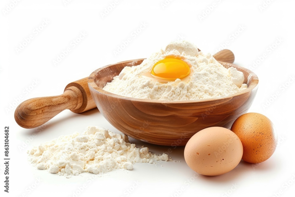 Baking ingredients flour in bowl with eggs and rolling pin over white background Baking ingredients flour in bowl with eggs and rolling pin over white background