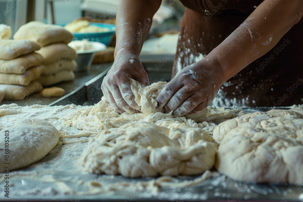 Obraz premium Making dough by female hands at bakery