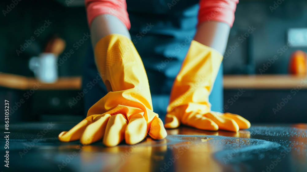 female cleaner hands in gloves female cleaner hands in gloves