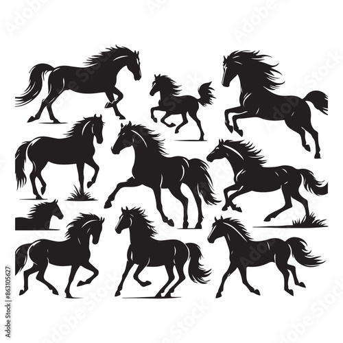 Black silhouettes of horses on a white background