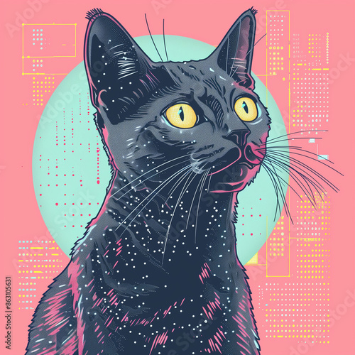 One black cat looking upward against geometric circle background