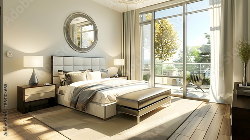 Modern bedroom design flooded with natural light, adorned with mirrors to amplify brightness and add depth to the space photo
