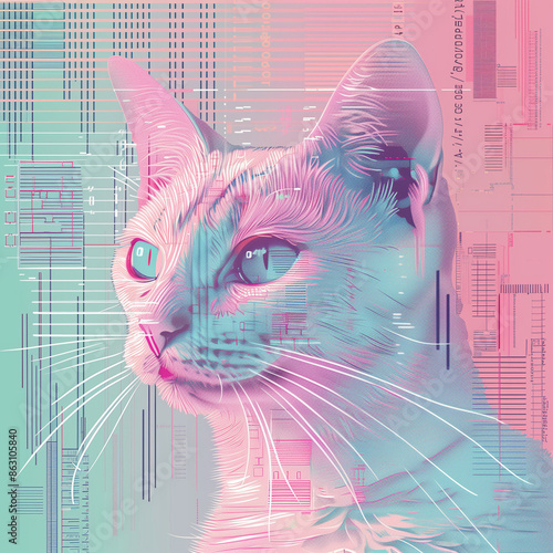 One cat looking sideways against pastel glitch background