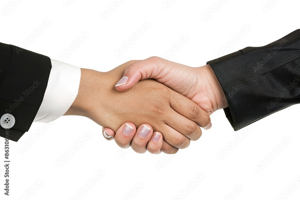 Professional people in suits shaking hands after a successful interview in a well-lit modern office. Business partnership, job interview, and professional agreement concepts on a white background Professional people in suits shaking hands after a successful interview in a well-lit modern office. Business partnership, job interview, and professional agreement concepts on a white background