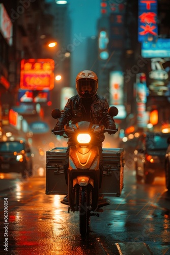 Motorbike courier riding through a vibrant city street at night with neon signs and wet pavement, delivering packages efficiently.