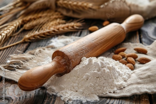 Wooden rolling pin with white wheat flour on the table. top view