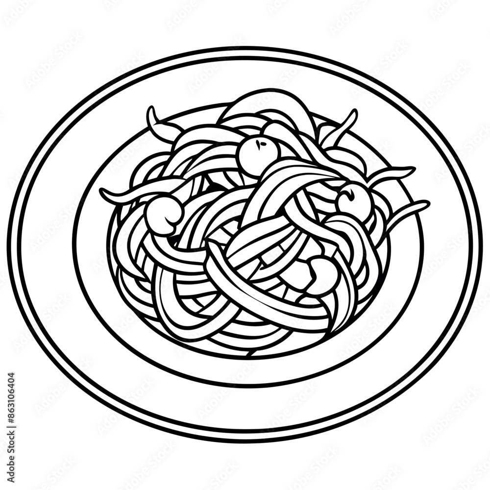 Coloring book illustration of spaghetti in a bowl in black and white
Coloring book illustration of spaghetti in a bowl in black and white