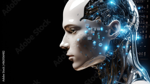 A robotic figure with human features that looks like an android. Its design emphasizes the combination of technology and human aesthetics.  © winona