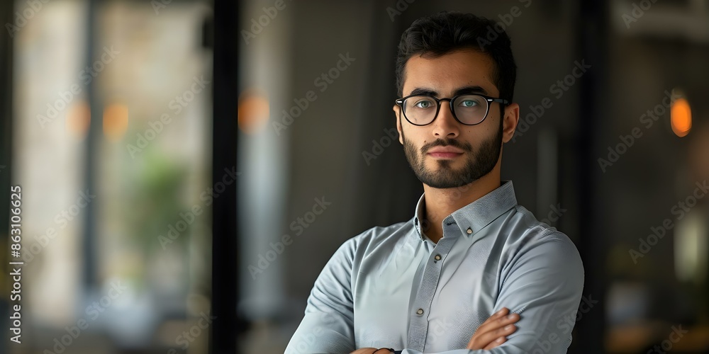 Confident young businessman in gray shirt and glasses with arms crossed. Concept Business Attire, Confident Pose, Gray Shirt, Glasses, Arms Crossed Confident young businessman in gray shirt and glasses with arms crossed. Concept Business Attire, Confident Pose, Gray Shirt, Glasses, Arms Crossed