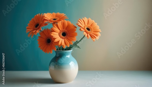 An orange gerbera daisy in a beige ceramic vase on a teal surface against an orange background