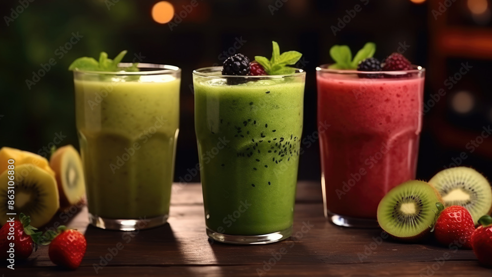 of colorful smoothies with fruits on a wooden table. The fruits are arranged around the glasses, creating a bright and appetizing composition
of colorful smoothies with fruits on a wooden table. The fruits are arranged around the glasses, creating a bright and appetizing composition
