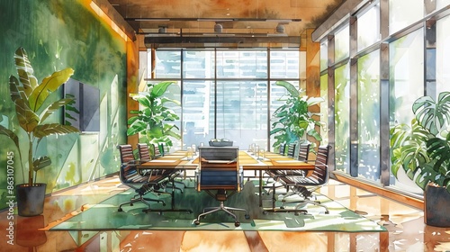 Customer stakeholder meeting in a greencertified building, watercolor style, ecoconscious environment photo